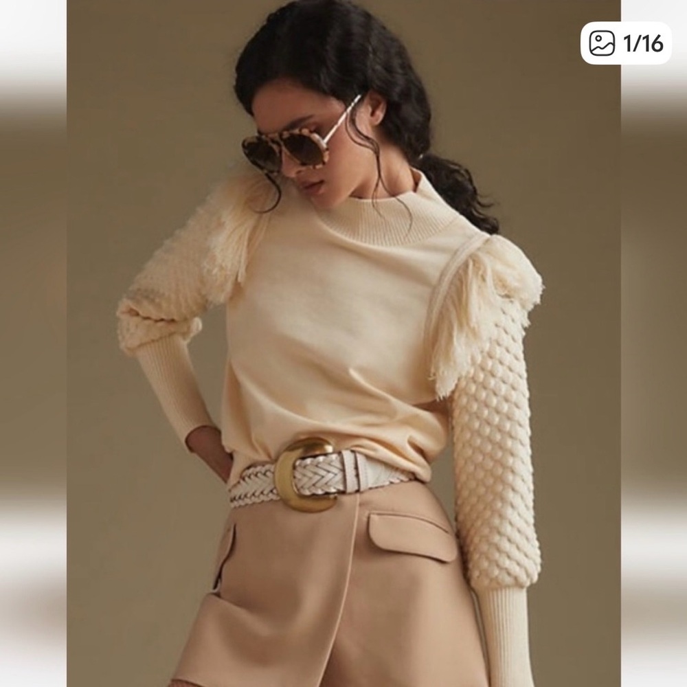 Anthropologie Cream Textured Puff-Sleeve Women's Sweater - Picture 2 of 5